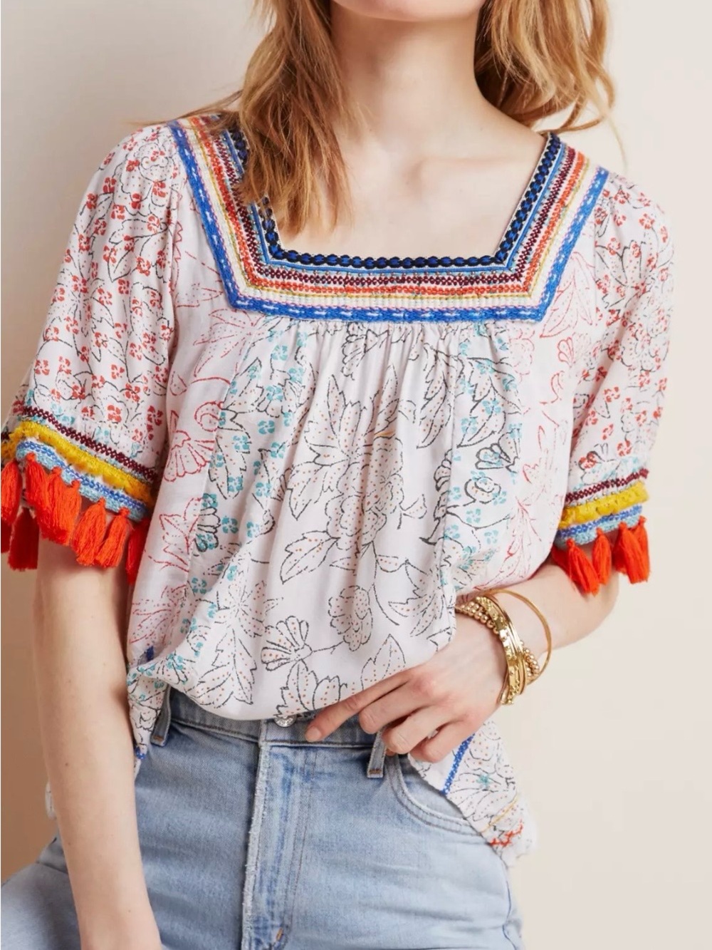 Anthropology Boho Square-Neck Tassel Top in Coral & Cream